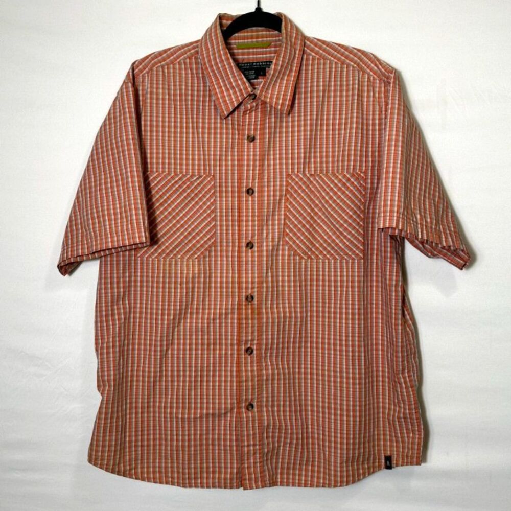 Royal Robbins Short Sleeve Button Down Shirt Men's Size L Orange Gray Check